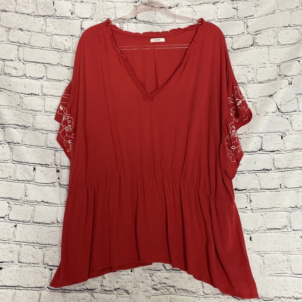 Maurice's Floral Blouse Women's 4X Red Flutter Sleeve Embroidered V-Neck Peplum